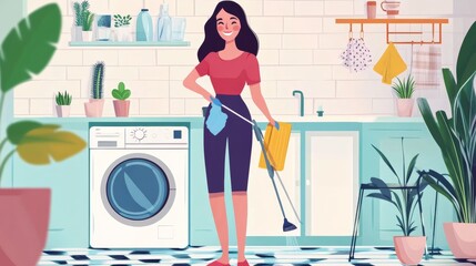 Illustration of a woman cleaning a bright, plant-filled laundry room with a washing machine