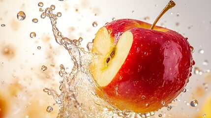 Apple juice splashes as a fresh red apple falls, isolated on a white background