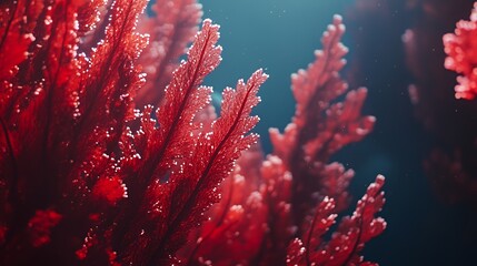 Red seaweed underwater with bokeh effect.