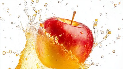 Apple juice splashes as a fresh red apple falls, isolated on a white background