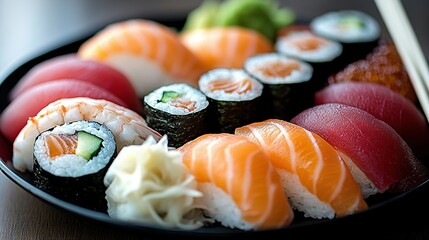 Wall Mural -   A sushi plate up close with chopsticks in the foreground on a wooden table in the background