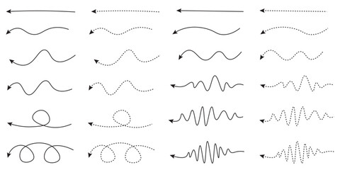Wall Mural - curved dashed and lineal hand-drawn arrows illustration collection set isolated. vector icons in fla