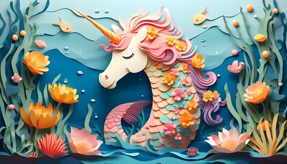 Enchanting mermaid unicorn swimming through ocean adorned with blossoming flowers in a whimsical paper cut style illustration for nursery decor