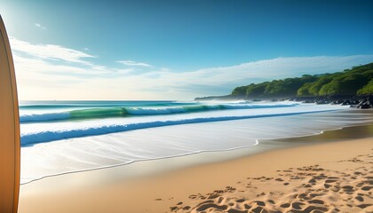 Surfboard resting on sandy beach with vibrant ocean waves in the background