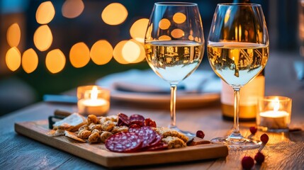 A rustic table set for a romantic dinner, with two glasses of white wine, candles, and a charcuterie board arranged artfully in soft, warm lighting