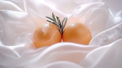 Wall Mural -   Two oranges with a sprig of rosemary on a white silk cloth against a white background