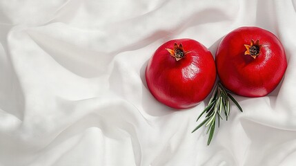   Two tomatoes on a white cloth with a sprig of rosemary protruding from their top