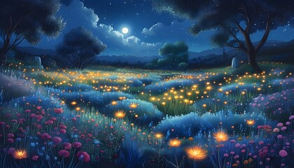 Wall Mural - Ethereal Nighttime Flower Garden with Glowing Blossoms in Fantasy Landscape Illustration