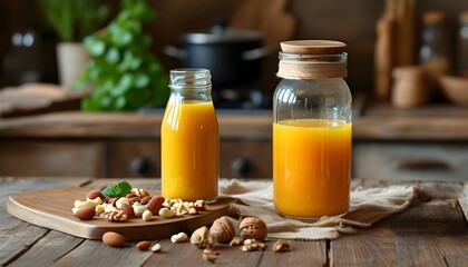 Wall Mural - Rustic kitchen showcasing sustainable lifestyle with fresh fruit juice and nuts in glass jars topped with wooden lids