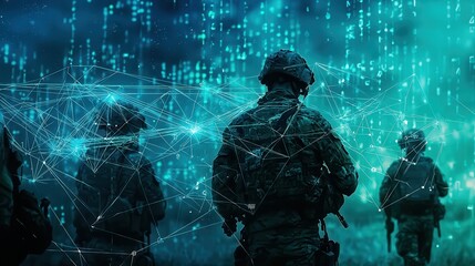 Wall Mural - A futuristic communication interface displaying encrypted data transmission between soldiers in the field, emphasizing secure and advanced military communication technology