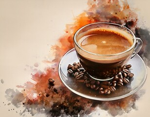 artistic watercolor photo of a coffee cup and coffee beans isolated on a white background with copy space