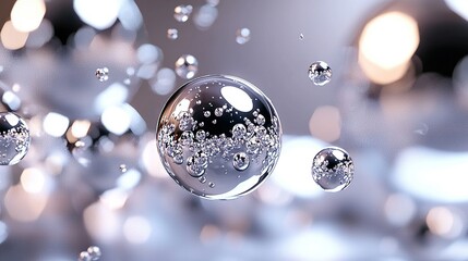 Canvas Print -   Grouped bubbles float on gray-white backdrop with lights surrounding