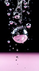 Wall Mural -   A black background with pink and black bubbles of water, or a pink and black background with bubbles of water