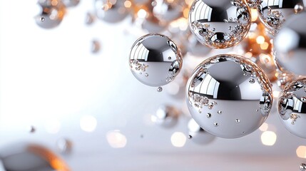 Wall Mural -   A cluster of radiant silver orbs adorning a pristine white expanse, with myriad silver orbs bobbing atop it