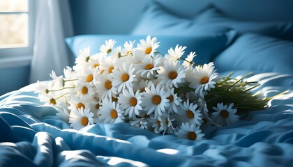 Wall Mural - Serene morning atmosphere with a bouquet of white daisies on soft blue and white bedding