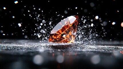   Close-up of orange diamond on black surface with water droplets and black background