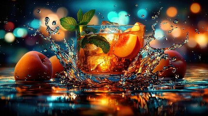 Wall Mural -   Oranges and mint in a glass of water on a water-covered countertop