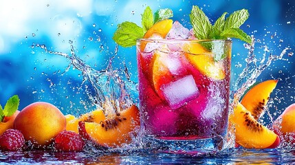 Wall Mural -   A close-up of a glass filled with water and fruit splashes on its side