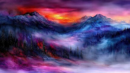 Wall Mural -   A stunning painting depicts a majestic mountain landscape adorned with lush greenery and billowy clouds, set against the backdrop of a fiery red sky