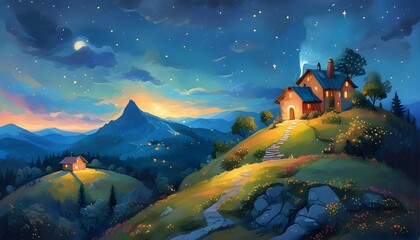 Wall Mural - Whimsical Nighttime Landscape with a Hilltop House Radiating Dreamy Light