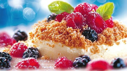 Wall Mural -   A close-up of a dessert on a plate, featuring berries and crumbs spread across its surface