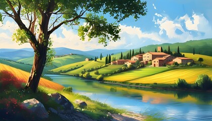 Poster - Charming Tuscany Village by the Riverside in a Stunning Pastoral Landscape Illustration