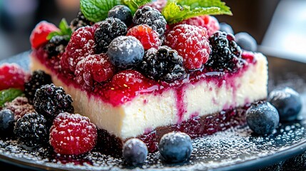 Wall Mural -   A black plate showcases a slice of cheesecake topped with sweet, juicy berries and a dusting of fine powdered sugar A fresh mint sprig adds a refres