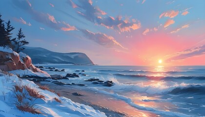 Sticker - serene winter ocean shore at sunset with hues of pink and blue light illuminating the landscape