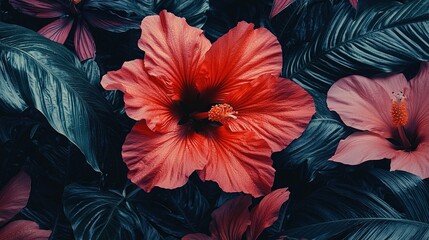 Wall Mural -   A red flower, with a central red center, surrounded by black and green leaves