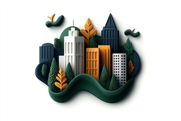 Minimalist eco-city icon, with smooth shapes representing buildings and trees, symbolizing sustainable urban development