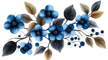 Wall Mural -   A blue-flowered branch with green leaves on a white background