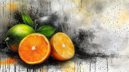 Wall Mural -   Oranges & Limes on Window Pane with Water Droplets