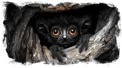 Canvas Print -   A monochrome picture depicts a tiny creature emerging from a tree trunk's cavity