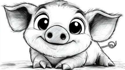 Poster -   A sketch of a pig with enlarged eyes and grinning mouth, seated on the ground