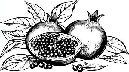 Wall Mural -   Black & White pomegranate with leaves & berries on branch w/ leaves against white bg