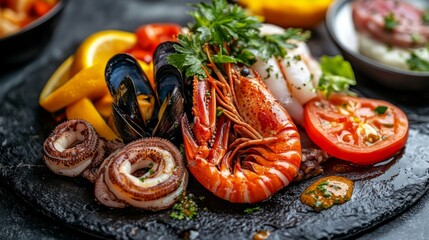 Seafood platter for 2-4 persons. Lobster, octopus, blue mussels, Argentina king prawns, tuna tartare. Delicious healthy traditional food closeup served for lunch in modern gourmet cuisine restaurant