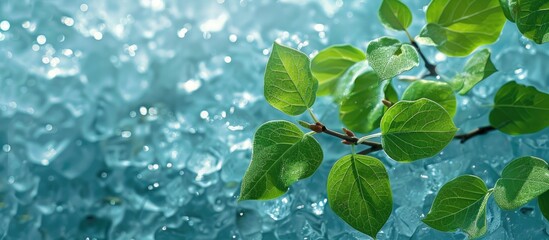 Wall Mural - Green Leaves In The Sun In Front Of Blue Ice