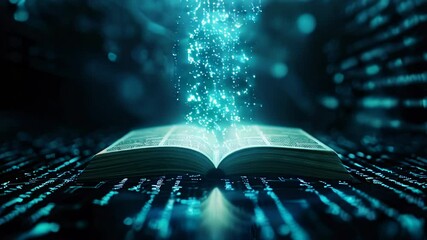 Open book on abstract digital background, magic light coming from pages
