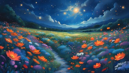 Wall Mural - Ethereal night garden of cosmic flowers glowing softly in a fantasy landscape painting, creating a mesmerizing and enchanting atmosphere