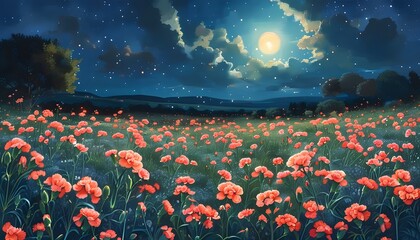 Canvas Print - Ethereal nighttime garden of glowing carnation flowers in a fantasy landscape painting style