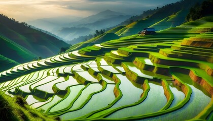 Wall Mural - Tranquil rice terraces flowing down lush green hillsides, crafting a stunning natural panorama.