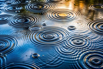 Wall Mural - Raindrops creating concentric circles in water close-up