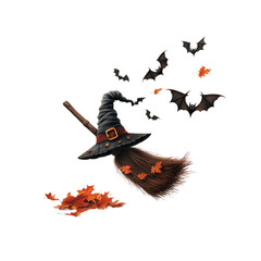 Wall Mural - A witch hat and broom surrounded by bats and autumn leaves, symbolizing Halloween, magic, and fall decorations