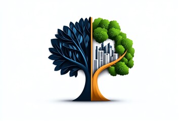 Poster - Minimalist tree and city icon, representing the balance between nature and urban development, with clean, modern lines