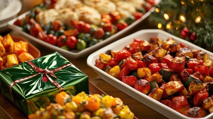 Festive Holiday Feast with Roasted Vegetables and Gifts