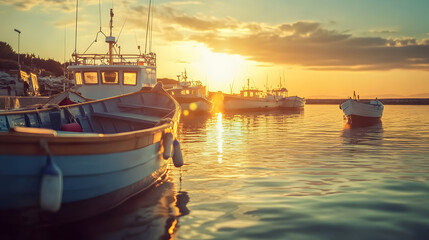 Sunrise at Quiet Harbor with Fishing Boats