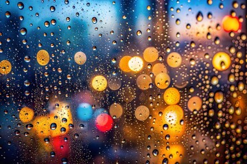 Poster - Close-up of raindrops on window with city lights background