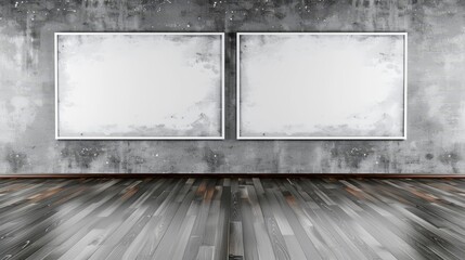 Two Empty Frames on a Concrete Wall in a Room with a Wooden Floor