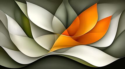 Wall Mural - colorful abstract artwork featuring layered leaves in shades of green, white, and orange, creating a