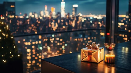 Enchanting City Skyline with Festive Gift and Candlelight